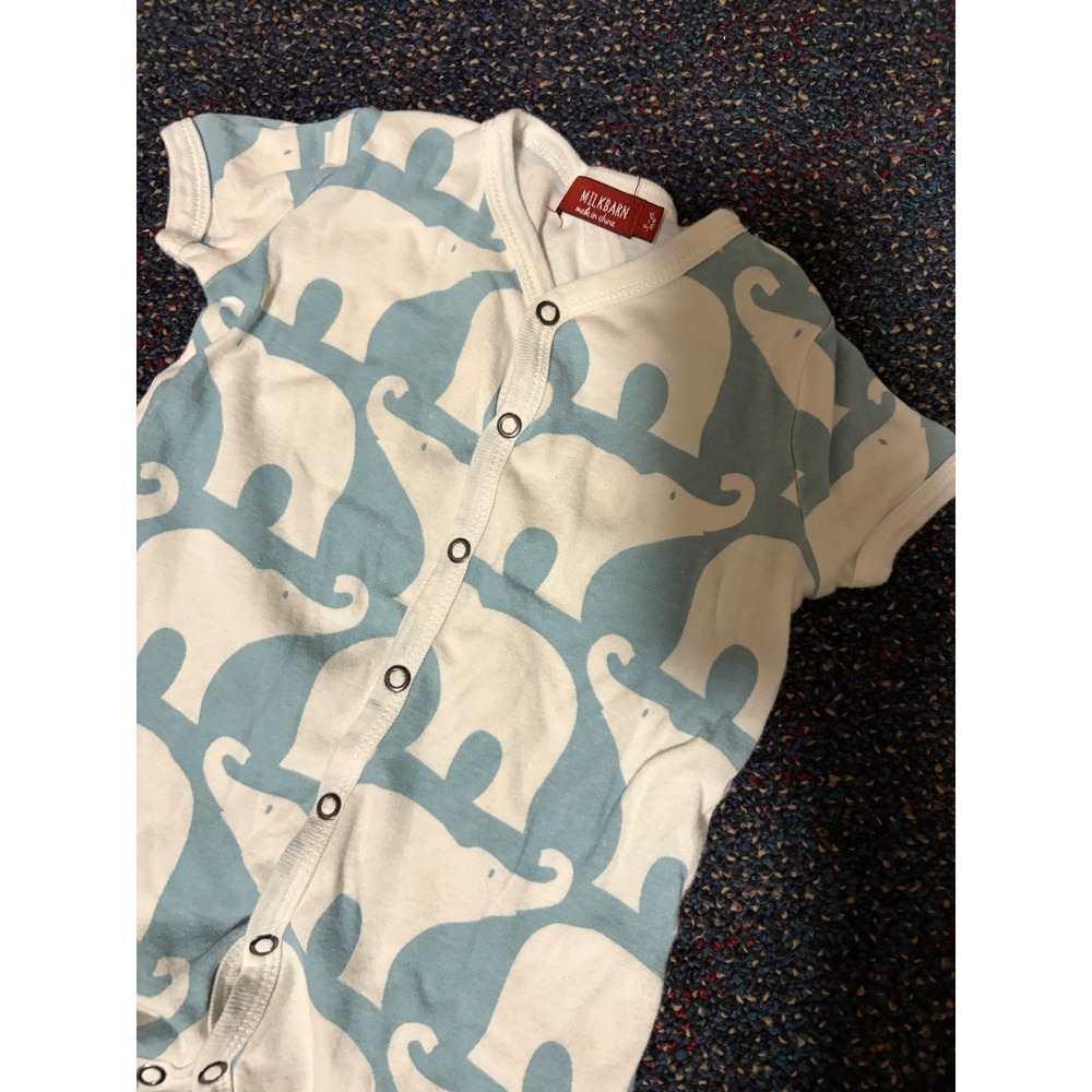Milkbarn Baby Blue White Elephant Print Organic Cotton Snap Romper 3-6 Months